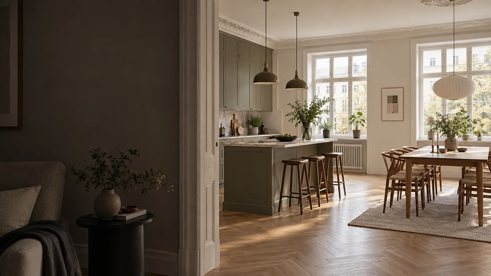 Totalrenovering Stockholm – ljus lägenhet med modernt kök, ekparkett och bevarad sekelskifteskänsla